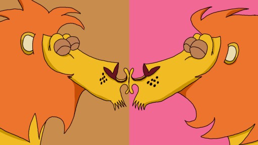 Zwei gezeichnete Löwen-Männchen küssen sich