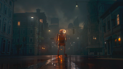 Ein Roboter steht nachts auf einer leeren Straße in einer Stadt. Der Himmel ist grau und dunkel, ein paar Straßenlampen schenken Licht.