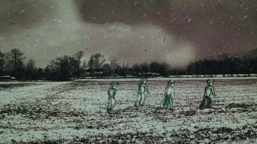 Eine gezeichnete Winterlandschaft.  Vier Figuren gehen über eine von Schnee bedeckte Wiese, es stürmt und schneit.