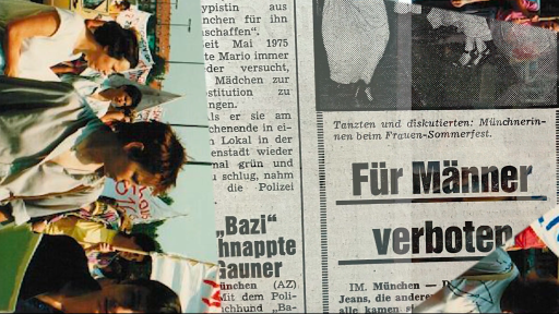 Eine Collage aus Zeitungsausschnitten. Links ein farbiges Foto einer Demonstration, rechts eine Schlagzeile: 