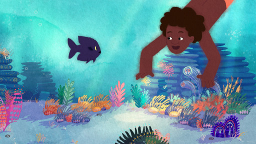 Ein dunkelhäutiges Kind schwimmt durch eine farbenfrohe Unterwasserwelt