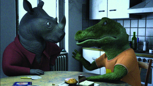 Ein Nashorn und ein Krokodil sitzen am Küchentisch und diskutieren